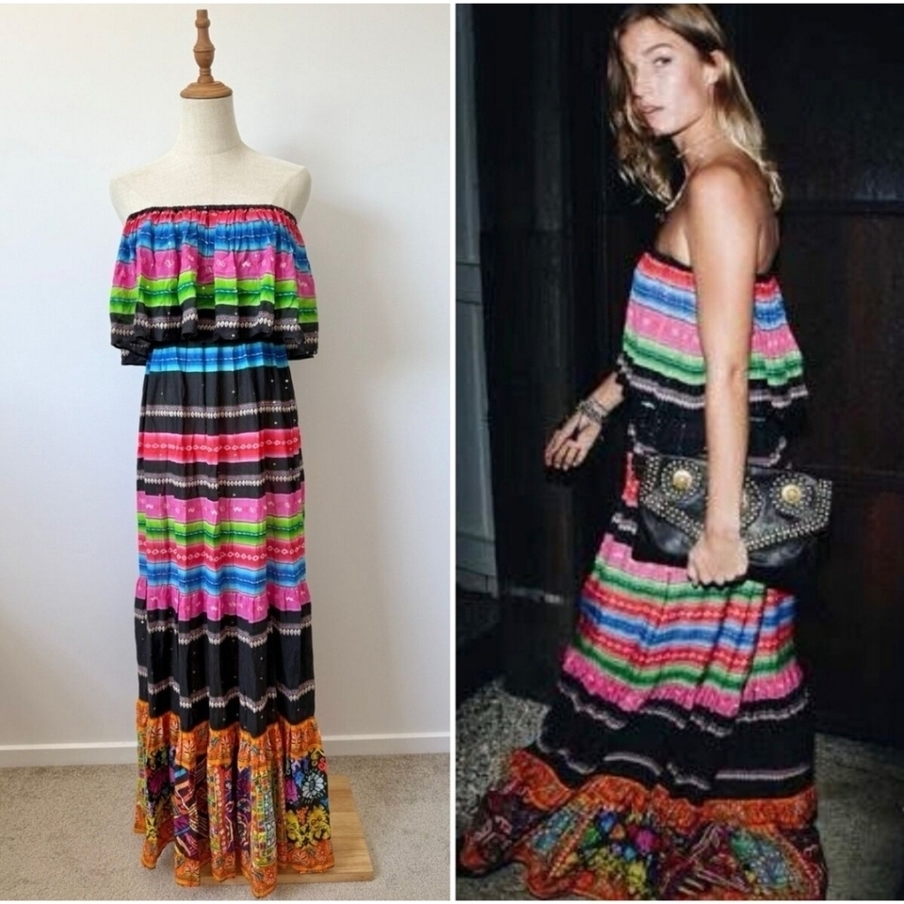 {RubyYaya} Colorful Mexican Striped Strapless Flounce Maxi Dress - Size S